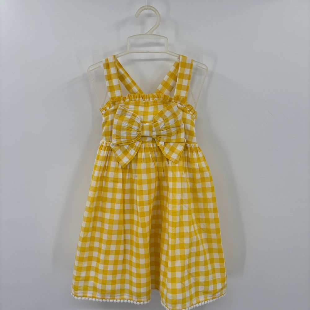 cupcakes‎ and cashmere Gingham Dress Kids 4 Yellow Bow Pom Hem Summer Picnic